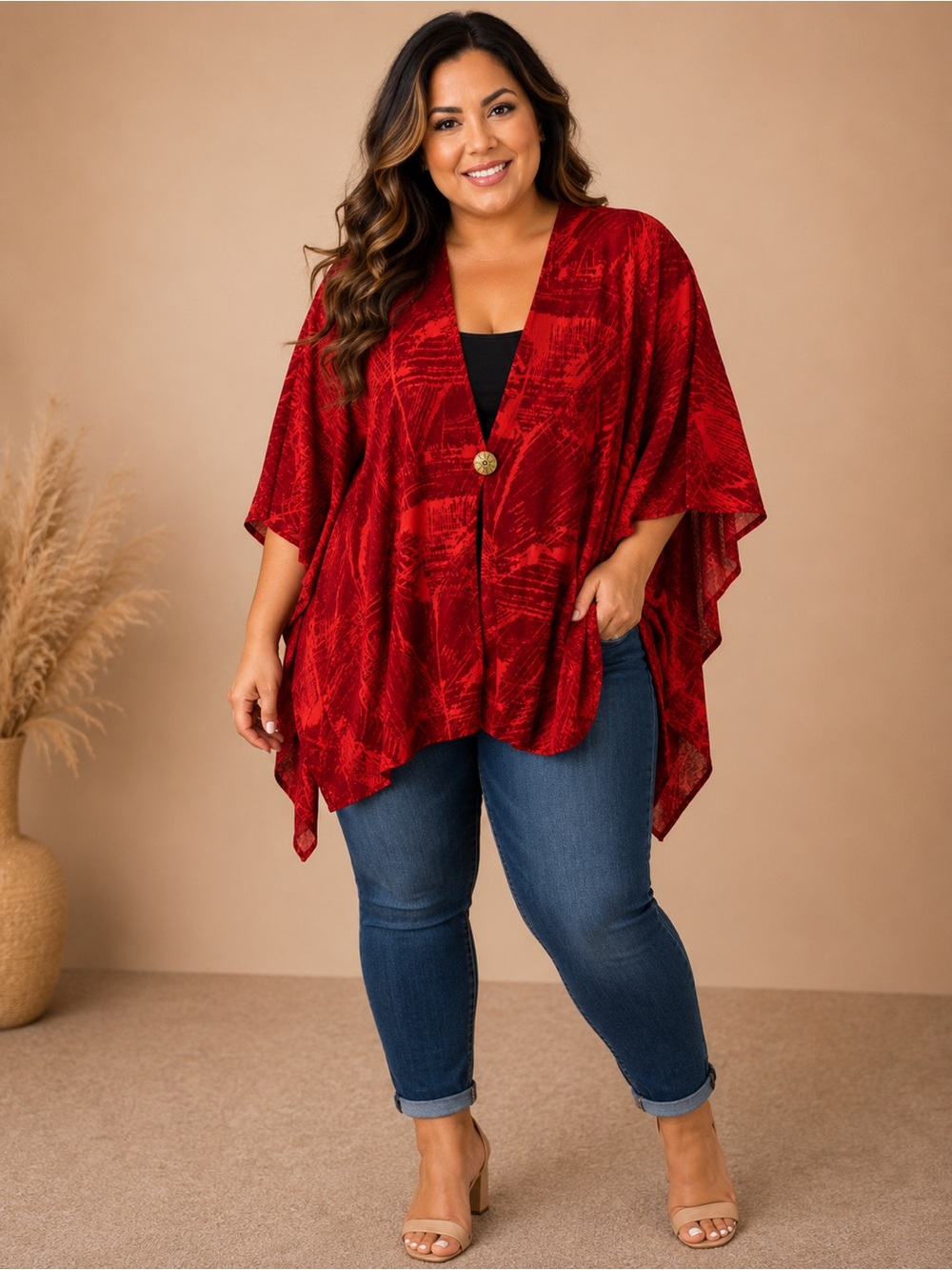 Anthony Richards Red Patterned Open-Front Poncho Shrug